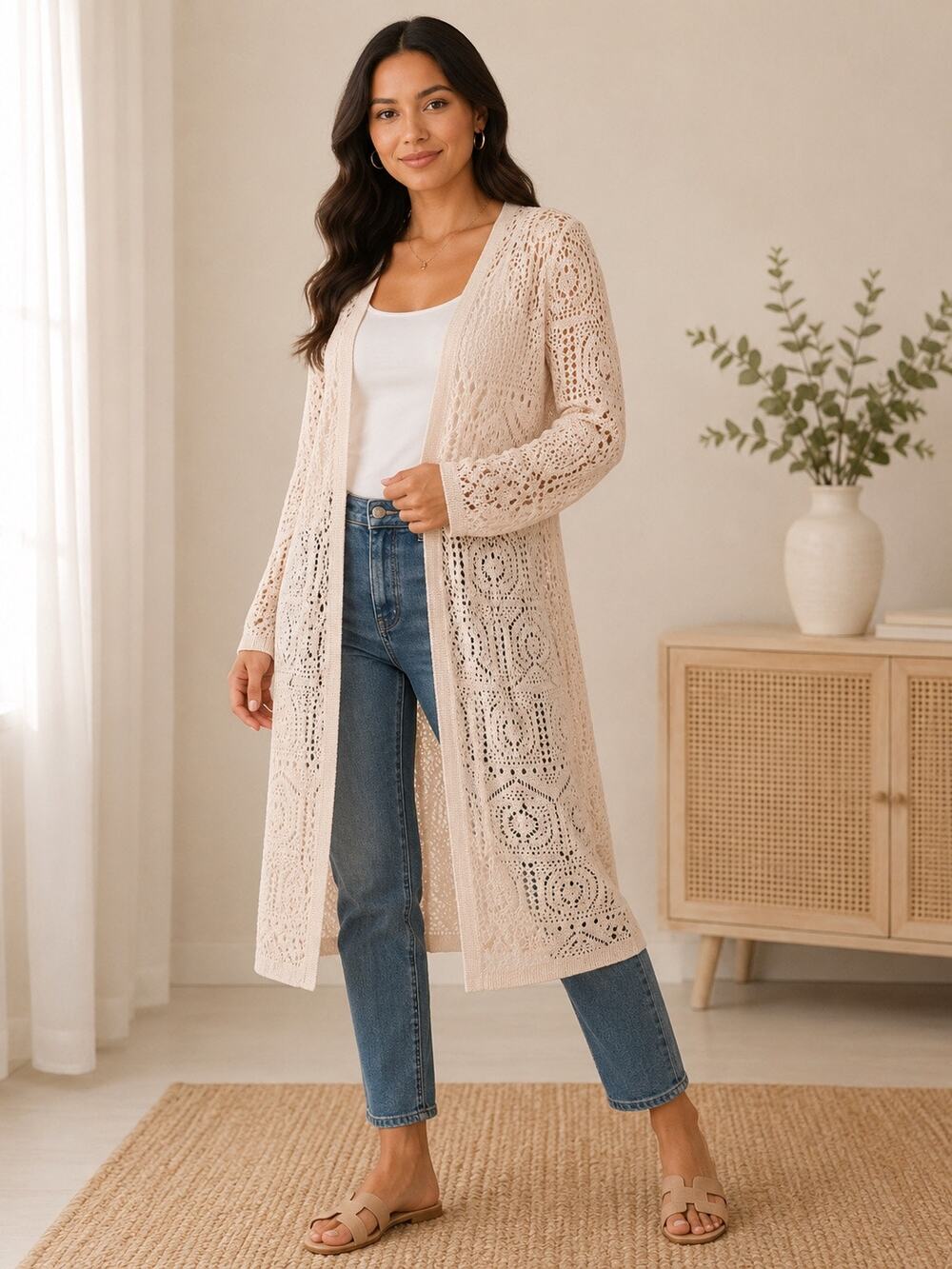 Chelsea & Theodore Ivory Open Knit Crochet Duster Cardigan Small NWT
